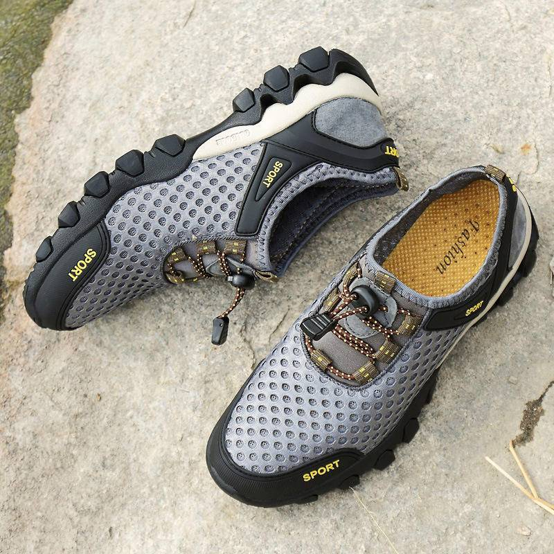 Men's shoes breathable casual mesh hollow mesh outdoor hiking sports running shoes - light coffee - Image 3