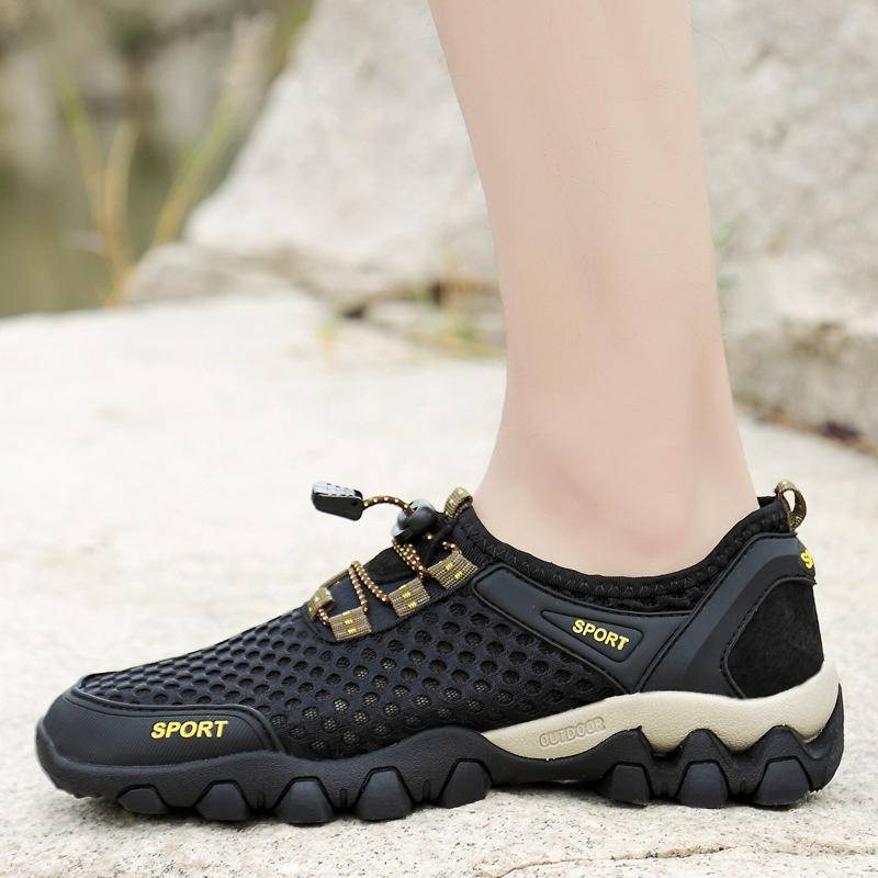 Men's shoes breathable casual mesh hollow mesh outdoor hiking sports running shoes - light coffee - Image 7