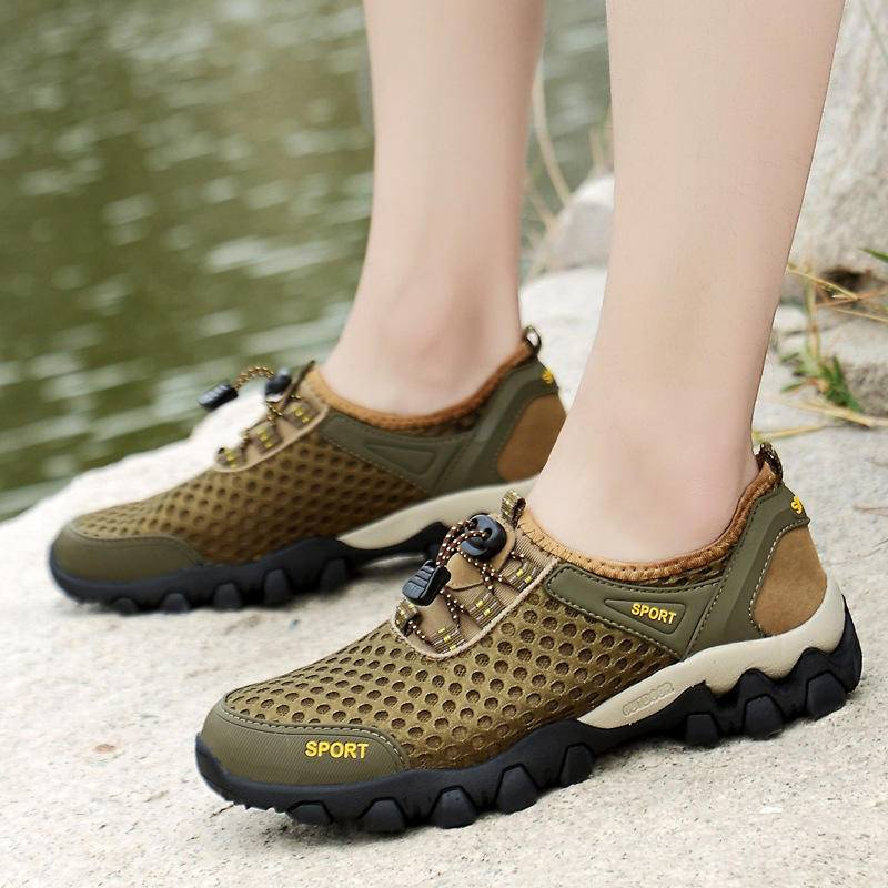 Men's shoes breathable casual mesh hollow mesh outdoor hiking sports running shoes - light coffee - Image 6
