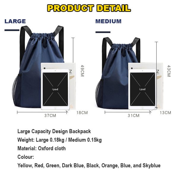 Outdoor Diamond Lattice Oxford Backpack Bag Hiking Biking Camping Travel Large Capacity Drawstring Bag Sports Tuition - Black