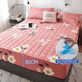 Waterproof Mattress Protector Cover Fitted Bedsheet Set Queen/King /Single/Super Single - Flower Pink - Image 1