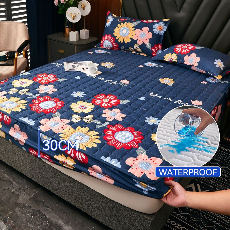Waterproof Mattress Protector Cover Fitted Bedsheet Set Queen/King /Single/Super Single - Flower Navy Blue