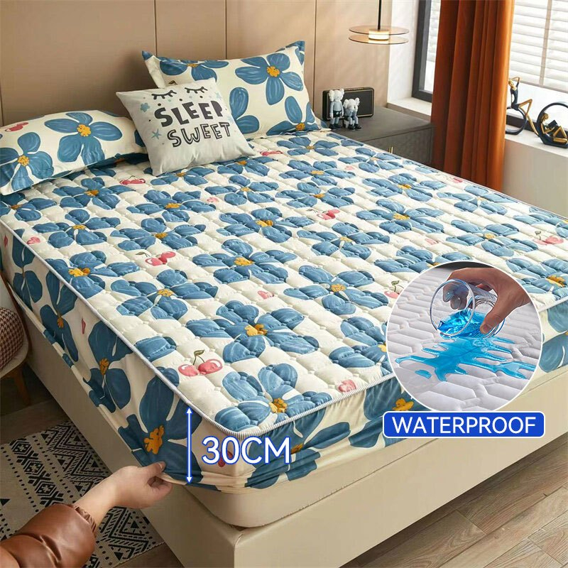 Waterproof Mattress Protector Cover Fitted Bedsheet Set Queen/King /Single/Super Single - Flower Blue