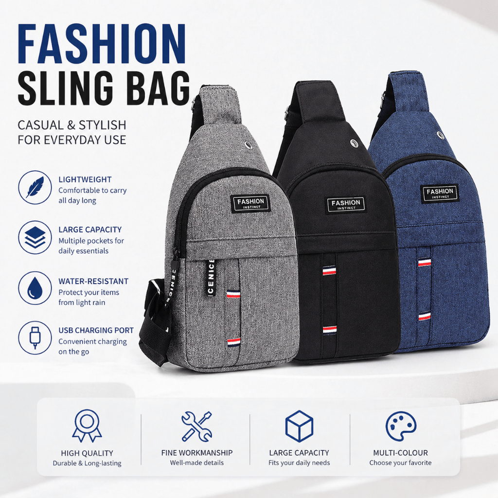 Waterproof Men Sling Bag Men Chest Bag Crossbody Bag | Casual Shoulder Bag Multi Compartment | Anti Theft | Lightweight - Black