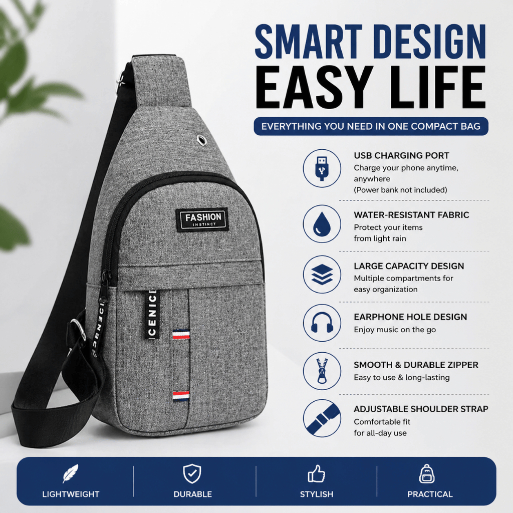 Waterproof Men Sling Bag Men Chest Bag Crossbody Bag | Casual Shoulder Bag Multi Compartment | Anti Theft | Lightweight - Black
