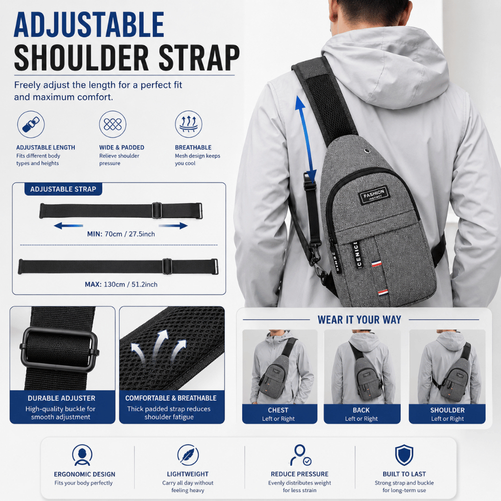 Waterproof Men Sling Bag Men Chest Bag Crossbody Bag | Casual Shoulder Bag Multi Compartment | Anti Theft | Lightweight - Black