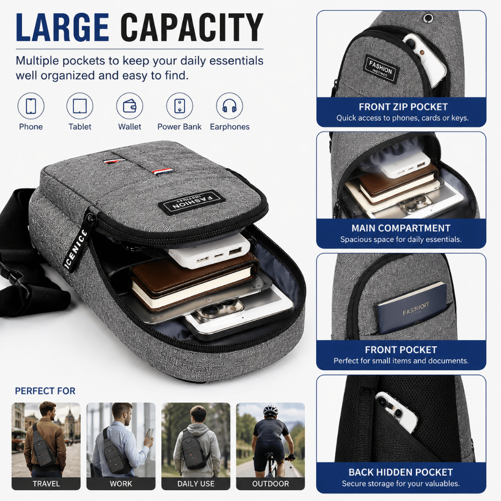 Waterproof Men Sling Bag Men Chest Bag Crossbody Bag | Casual Shoulder Bag Multi Compartment | Anti Theft | Lightweight - Black