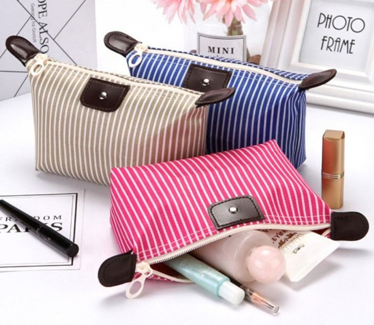 Multi-Purpose Colorful Stripe Pouch for Makeup, Stationery & Accessories - Blue