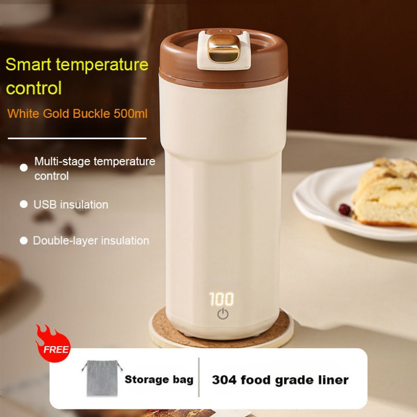 500ML Portable Electric Kettle Stainless Steel Water Boiler Travel Kettle - White Gold Buckle (2 mode)