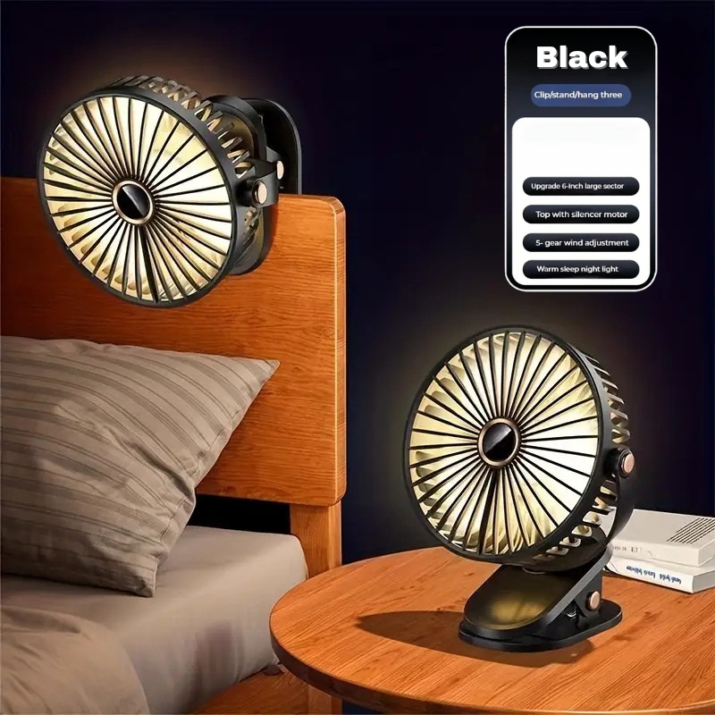 1800mAh Long Lasting Clip Fan USB Charging Desktop Office Student Light Table Clip Wall Hanging 360 Rotation - Black
