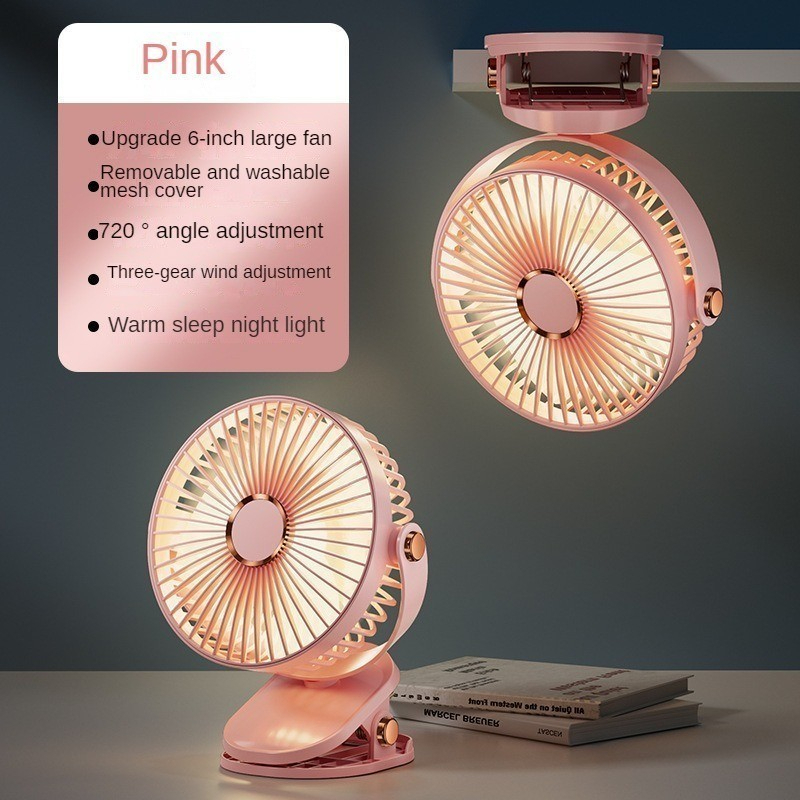 1800mAh Long Lasting Clip Fan USB Charging Desktop Office Student Light Table Clip Wall Hanging 360 Rotation - Pink