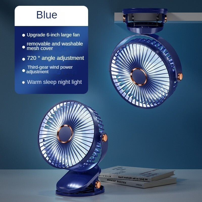 1800mAh Long Lasting Clip Fan USB Charging Desktop Office Student Light Table Clip Wall Hanging 360 Rotation - Blue