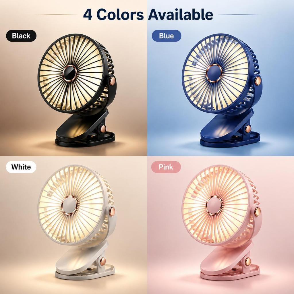 1800mAh Long Lasting Clip Fan USB Charging Desktop Office Student Light Table Clip Wall Hanging 360 Rotation - Pink
