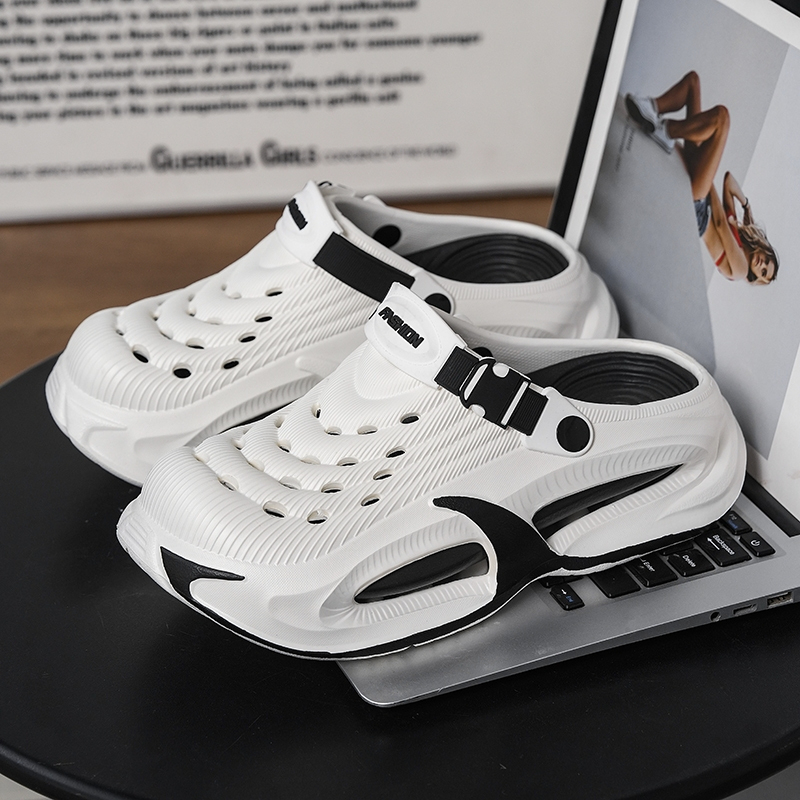 Men Outer Wear Driving Thick-Soled Toe Covered Slippers Sandals - White Black