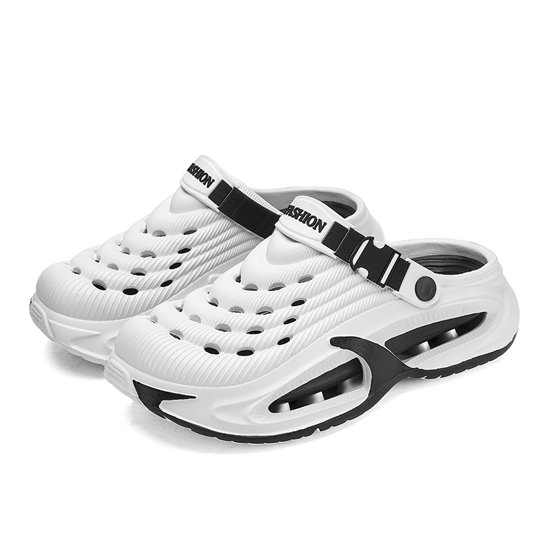 Men Outer Wear Driving Thick-Soled Toe Covered Slippers Sandals - White Black