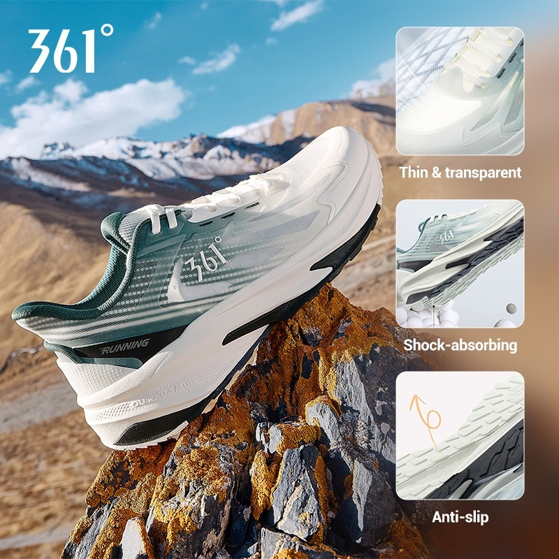 361 Degrees Yushan Men Running Shoes Widefoot Shock Absorption Breathable Soft Cushioning Sneakers - Grey Black