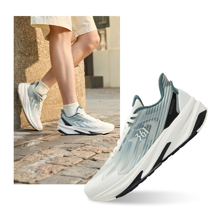 361 Degrees Yushan Men Running Shoes Widefoot Shock Absorption Breathable Soft Cushioning Sneakers - White Dark Pine Green