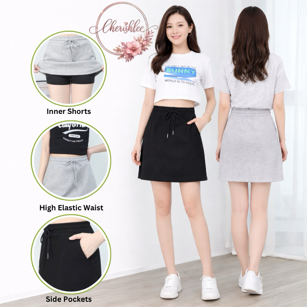High Waist Elastic A-line Skirt Stretchable with pocket A009 - Black