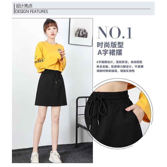 High Waist Elastic A-line Skirt Stretchable with pocket A009 - Black