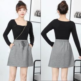 High Waist Elastic A-line Skirt Stretchable with pocket A009 - Black - Image 8