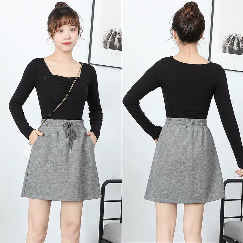High Waist Elastic A-line Skirt Stretchable with pocket A009 - Black