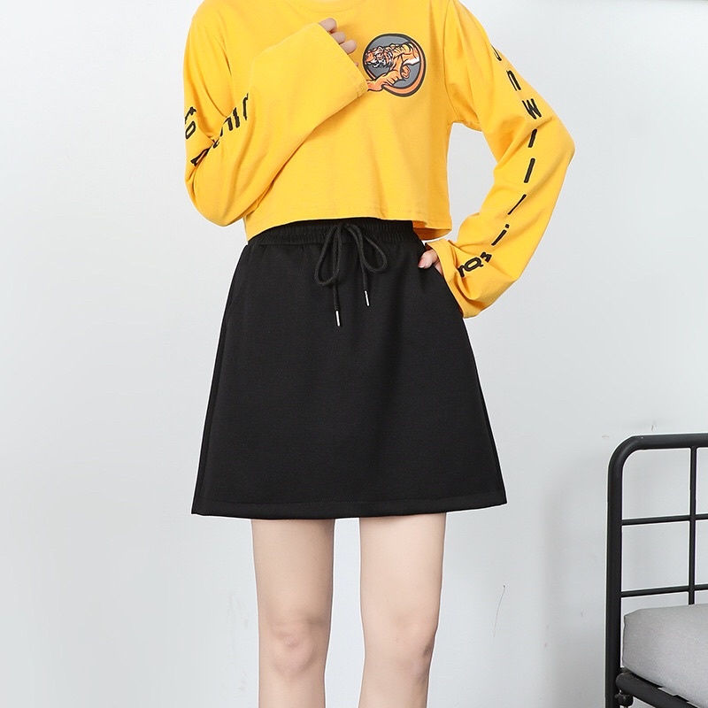 High Waist Elastic A-line Skirt Stretchable with pocket A009 - Black