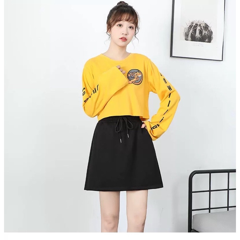 High Waist Elastic A-line Skirt Stretchable with pocket A009 - Black