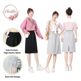 High Waist Elastic A-Line Skirt with pocket & Back Slit 1601 - Black - Image 5