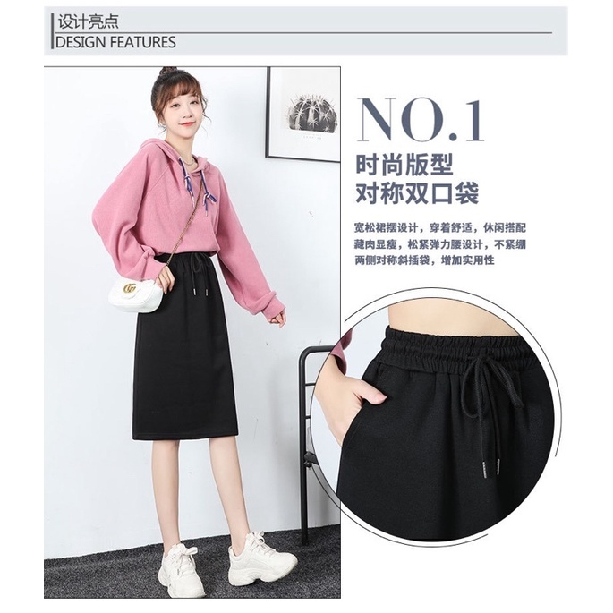 High Waist Elastic A-Line Skirt with pocket & Back Slit 1601 - Black