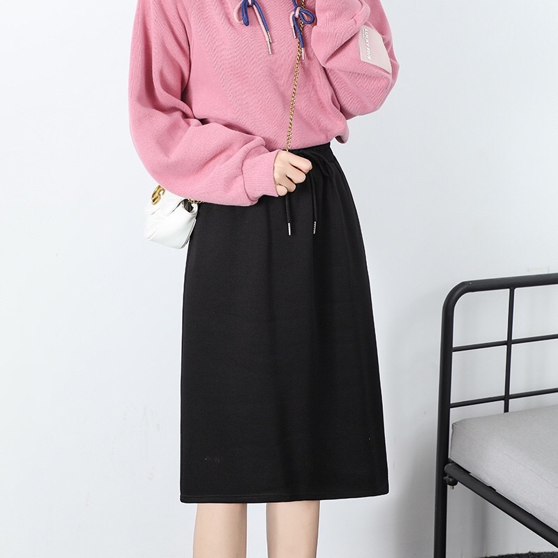 High Waist Elastic A-Line Skirt with pocket & Back Slit 1601 - Black