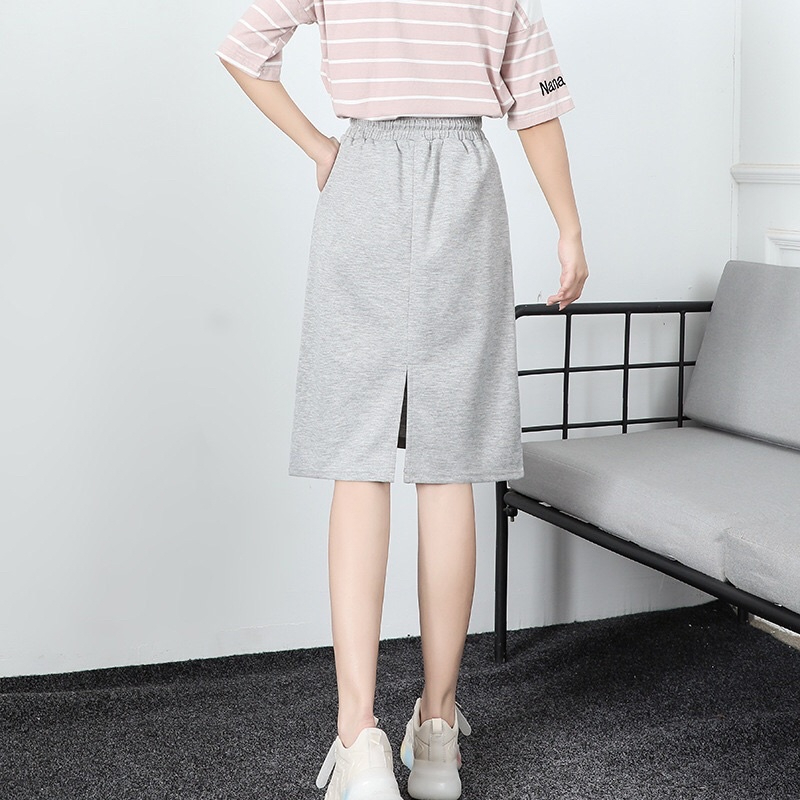 High Waist Elastic A-Line Skirt with pocket & Back Slit 1601 - Grey