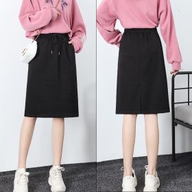 High Waist Elastic A-Line Skirt with pocket & Back Slit 1601 - Black