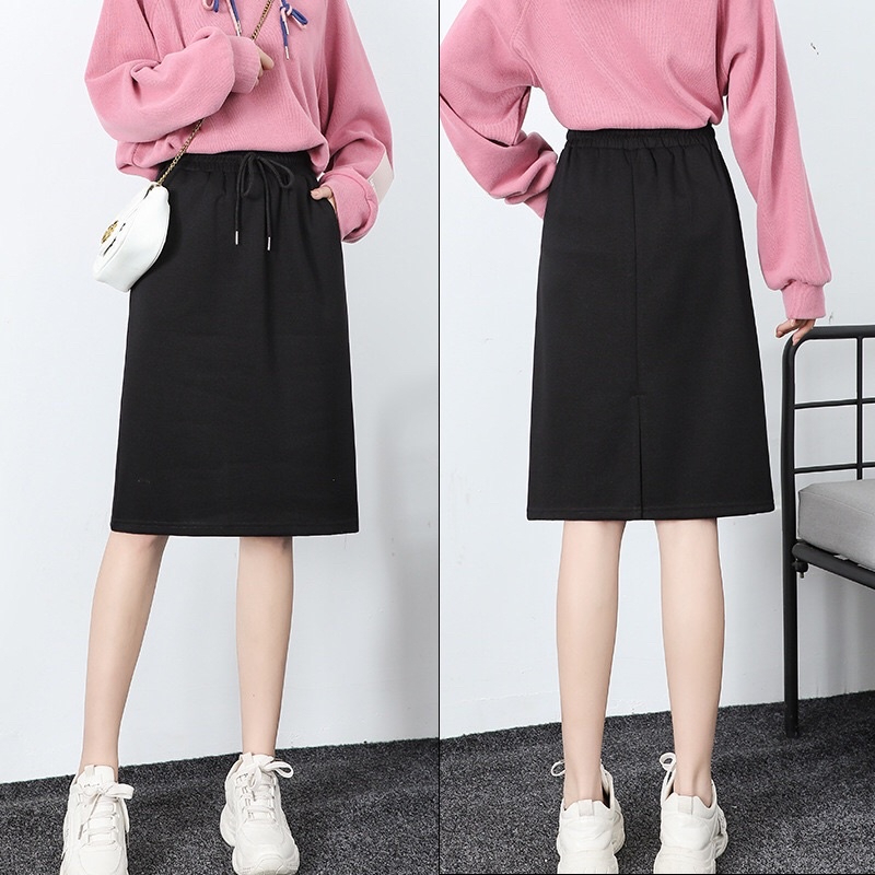High Waist Elastic A-Line Skirt with pocket & Back Slit 1601 - Black