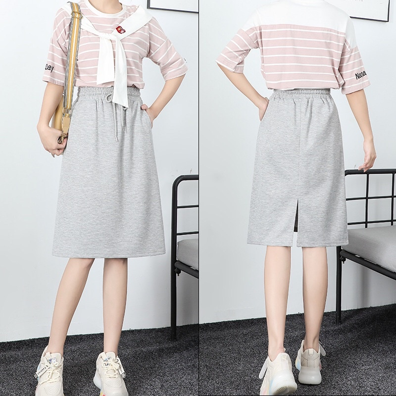 High Waist Elastic A-Line Skirt with pocket & Back Slit 1601 - Grey