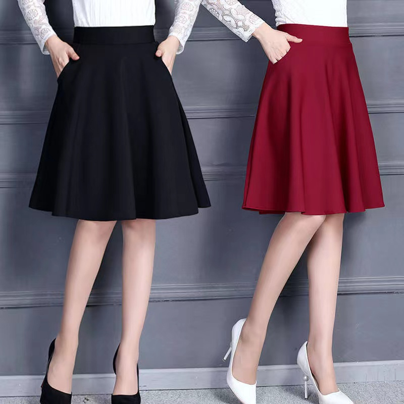 55cm women's skirt A-line skirts medium length with pockets on both sides not transmit light - Black