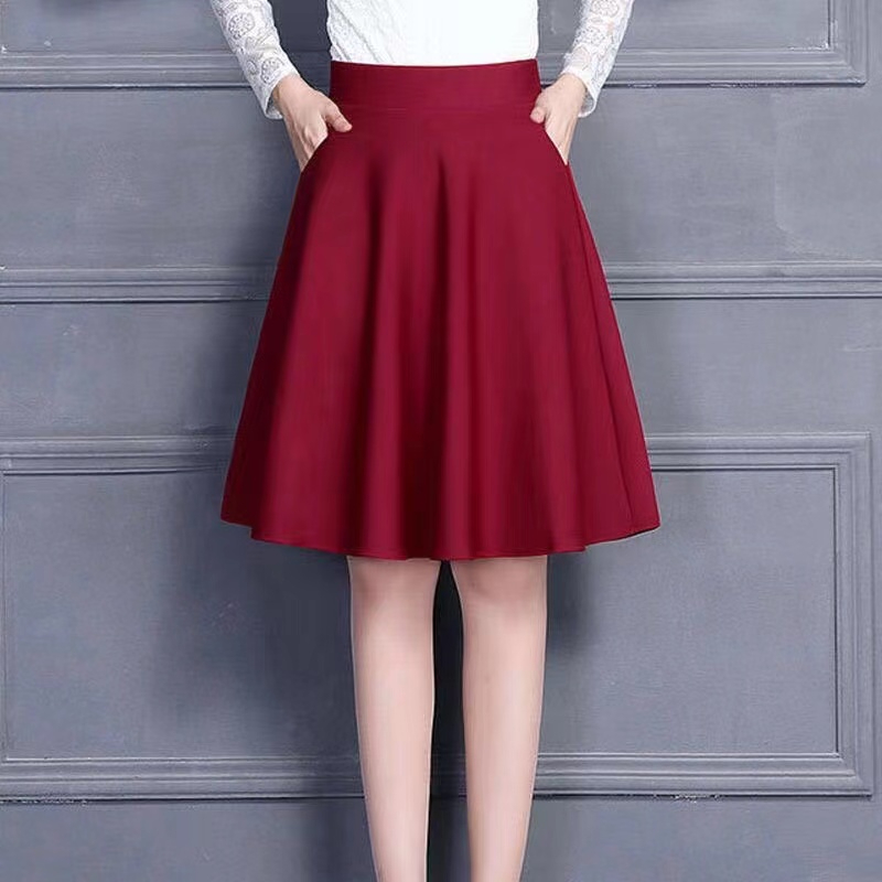 55cm women's skirt A-line skirts medium length with pockets on both sides not transmit light - Red
